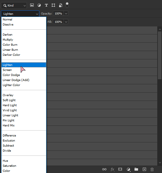 Photoshop Layer UI Box with all layers selected, with blend mode dialog open and lighten selected